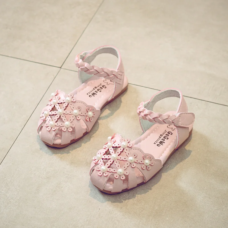 Г., новые летние корейские сандалии на плоской подошве для девочек плетеная обувь принцессы детские сандалии для девочек с жемчугом Baotou пляжные сандалии - Цвет: Розовый