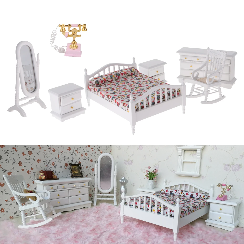 1:12 Dollhouse Bedroom Kit Double Bed, Bedside Cabinet, Mirror, Rocking Horse Model Milk White Doll House Furniture Set