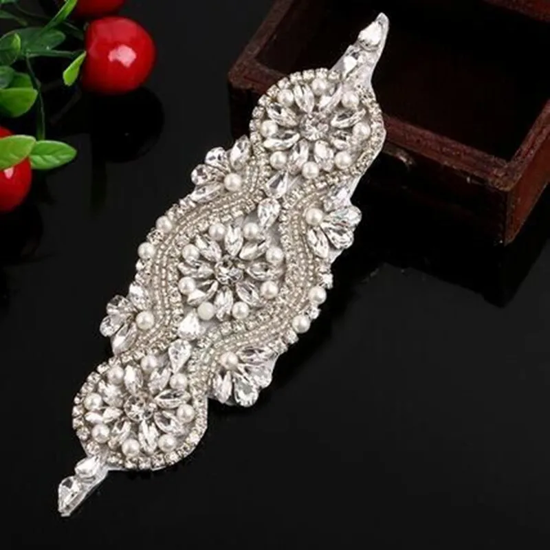 

5.9*2.2 inch Silver Beads Pearl Rhinestones Applique for Wedding Dress Belts Hat Lace Trim Iron on NEW YEAR Decor DIY Crafts 1pc