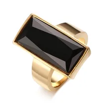 Bagues rectangulaires en acier inoxydable pour femmes, bijoux en cristal, couleur or, verre noir, à la mode, cadeau pour meilleure amie