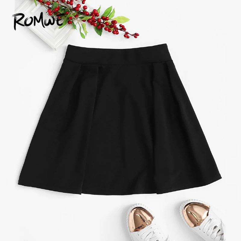 

ROMWE Black Pleated A Line Skirt Ladies Casual Mid Waist Plain Above Knee Short Summer Female 2019 New Design Sheath Skirt