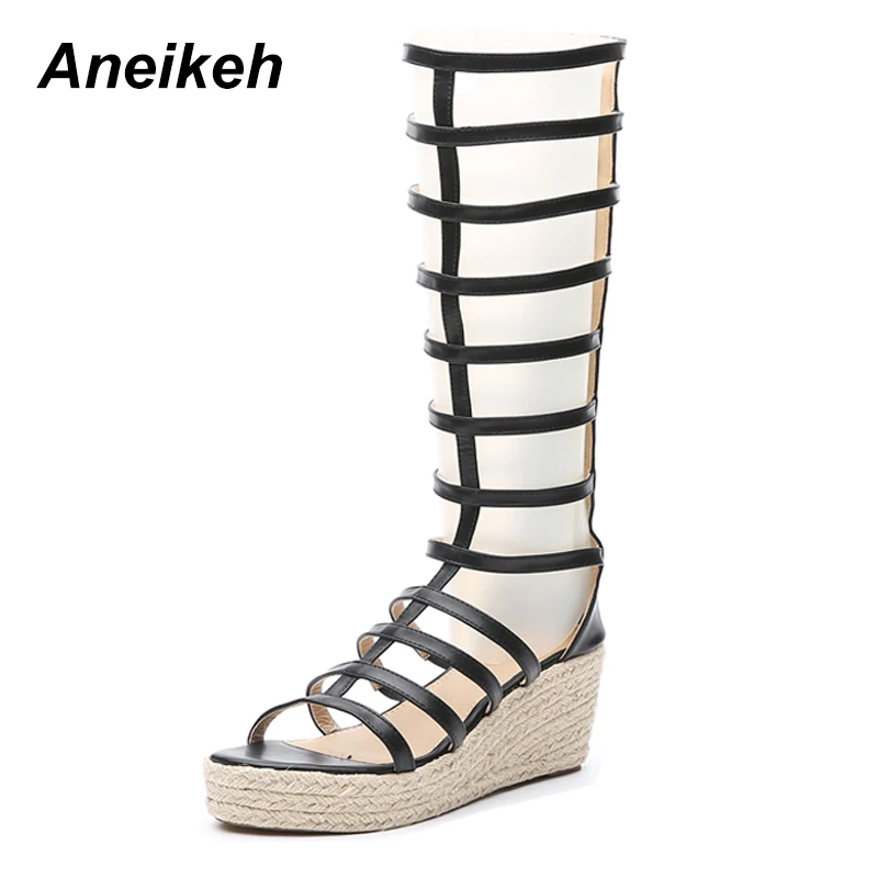 

Aneikeh 2019 Summer New Ladies Sandals Fashion Casual Cross Straps Hollow Open Toe Roman Style Wedges High Tube Sandals Size 4-9