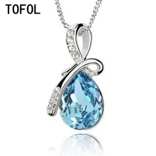 TOFOL Women Necklaces Pendants Blue Crystal Water Drop Chain Necklace Womens Fashion Jewelry Gift For Female XL011