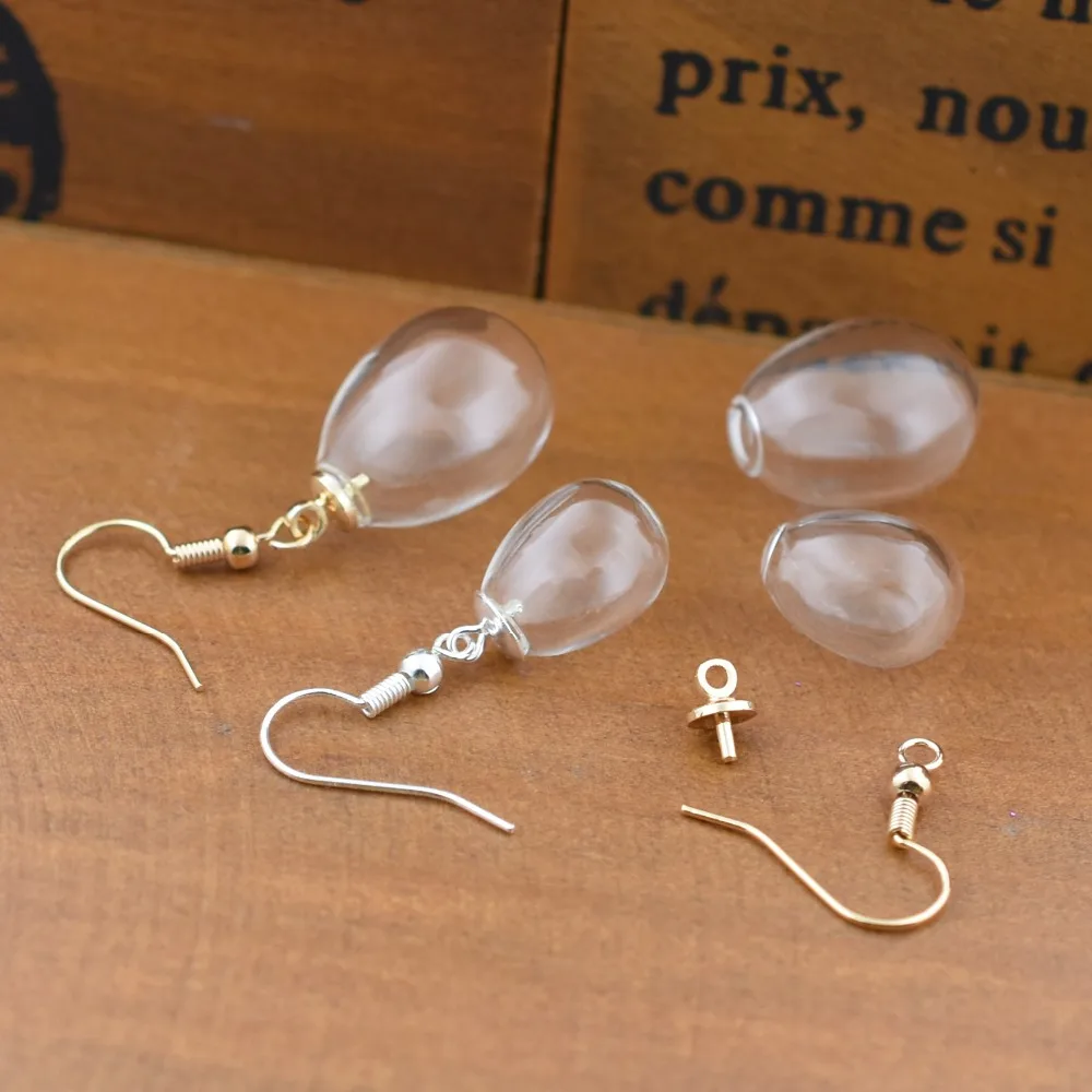 

10pair drop shape hollow glass ball earring wire cap set 925silver copper plated gold material glass vials glass earrings