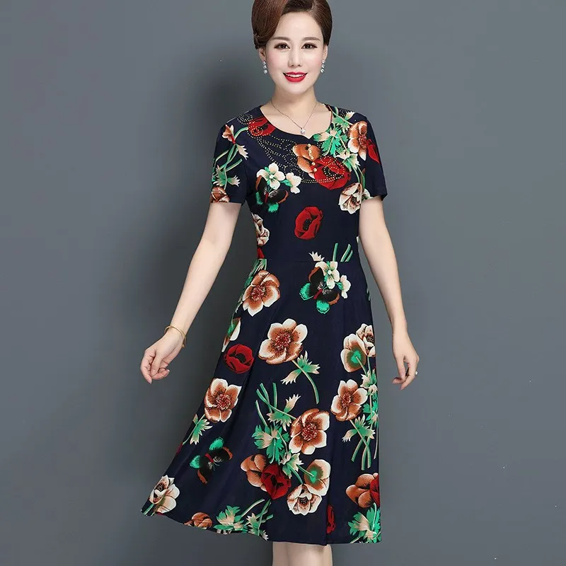 Summer Middle Aged Women Plus Size Dress Casual Vintage Bohemian Floral ...