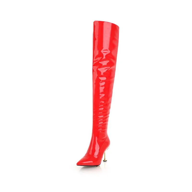 Otoño rojo Tacones Zapatos De Mantener Sólido Sexy Rodilla Hot 2018 Caliente Aguja Charol La Sobre Botas plata Invierno Morazora Muslo Alta blanco Negro 7cRaZva