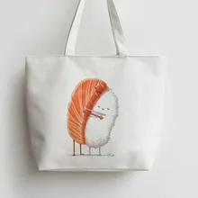 Японские морепродукты лосось суши объятия японского аниме холст хозяйственная сумка мультфильм Tote сумки многоразовые шоппер сумка, продуктовая сумка AN099