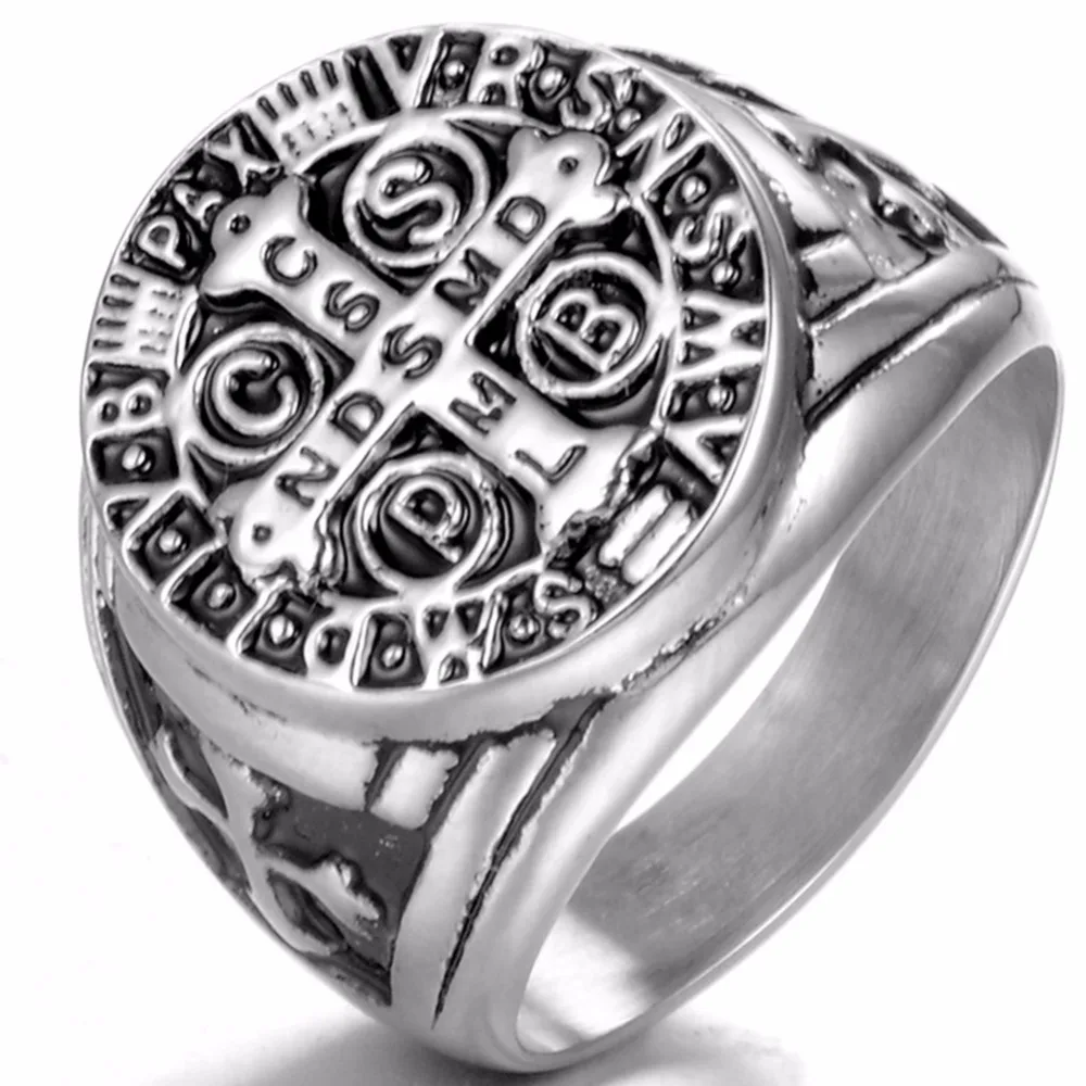 

St Benedict Exorcism Cross Ring Demon Protection Ghost Hunter Stainless Steel Biker Cocktail party