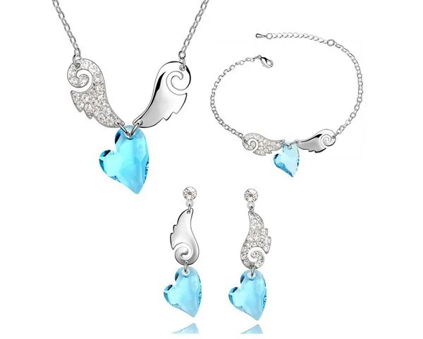 

Vintage Earring Bracelet Necklace Heart Jewelry Sets Blue Austria Crystal Love Gifts For Couples Girlfriend Gift