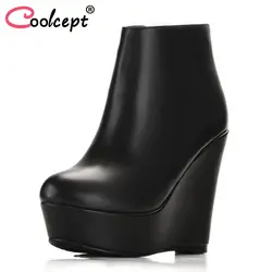 Coolcept Для женщин ботинки из натуральной кожи ботильоны на танкетке обувь Для женщин с боковой молнией на платформе Botas круглый носок женская
