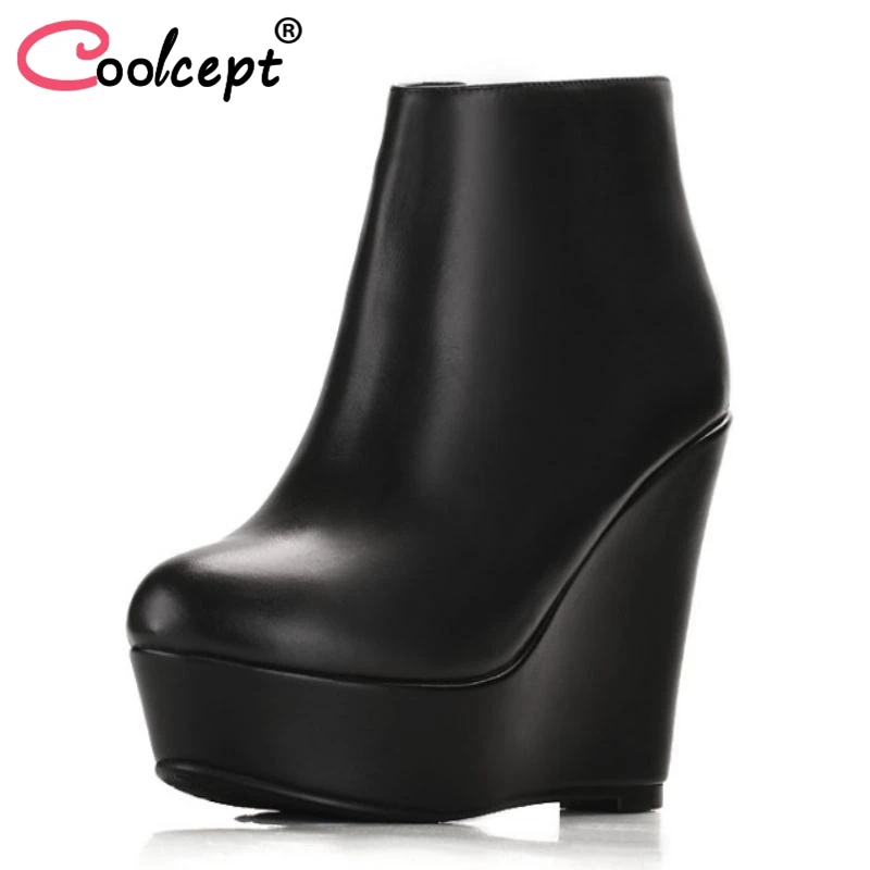 

Coolcept Women Genuine Leather Boots Ankle Wedge Shoes Women Platform Side Zipper Botas Round Toe Female Footwear Size 34-39