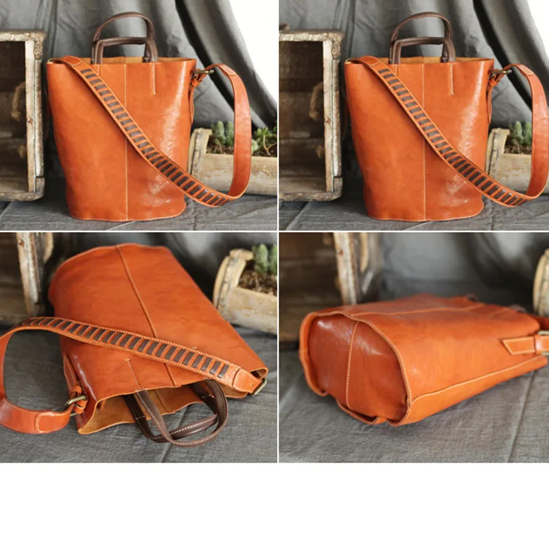 AETOO The first layer of leather wide shoulder strap bucket bag handbags new retro large capacity leather shoulder Messenger bag