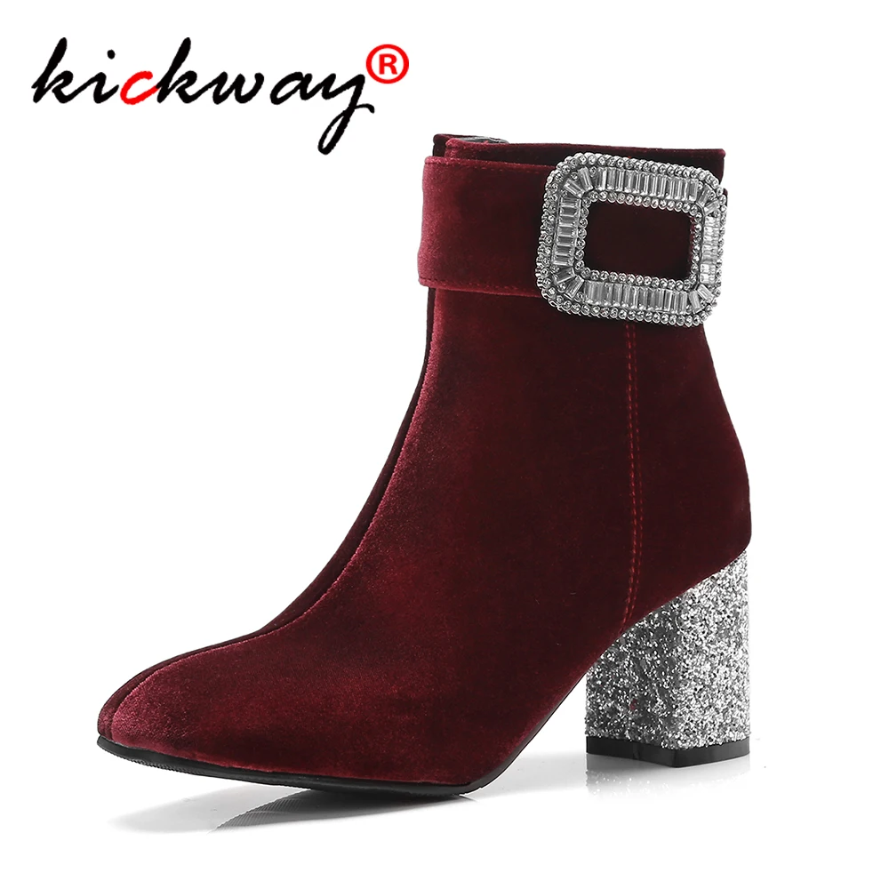 

2019 Autumn Womens Ankle Boots Sexy Square Crystals Pumps Black Rhinestone Bling Heeled Shoes Lady Fashion Boots Plus Size10 43