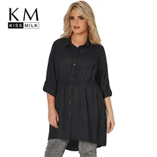 Kissmilk Plus Size Women Clothes Simple Shirt Collar OL Wind High Waist Tightening Buckle Bohemian Long Sleeves Shirt simple design shirt collar long sleeves high low letter printed shirt for women