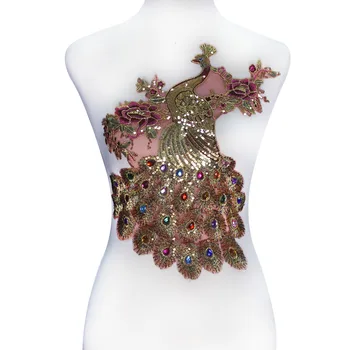 

10piece Beaded Sequin Gold Mix Rhinestones Peacock Applqiue Lace Embroidery Applique Lace Fabric Patches Clothes Dress T2246