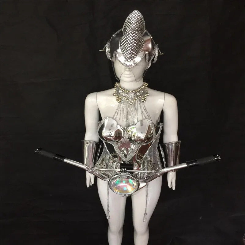 KS12 Ballroom dance silver mirror female dresses dj bodysuit party wears clothe robot suit perform handlebar show stage costumes | Дом и сад