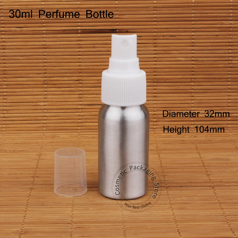 

Promotion 10pcs/Lot 30ml Aluminum Perfume Bottle Women Cosmetic Small 1/2OZ Pot Spray Cap Container Atomizer White Lid Packaging