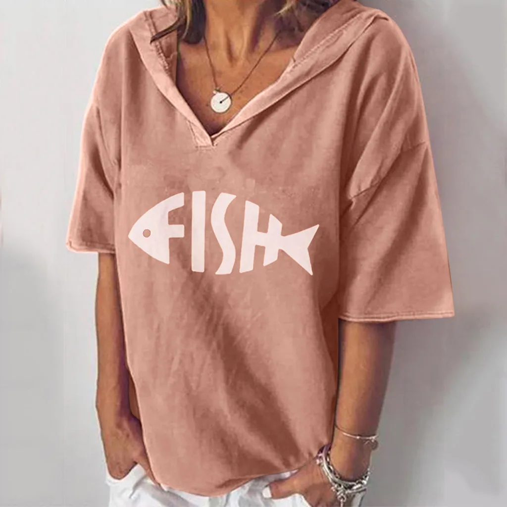 

Feitong Large Size Women Tunic Shirt Women Fashion Fish Print V Neck Blouse Short Sleeve Loose Casual Blouse camisa feminina