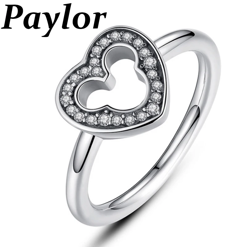 Paylor новое кольцо с изображением Микки серебряного сердца с прозрачным фианитом для женщин Свадебные оригинальные ювелирные изделия женские свадебные подарки