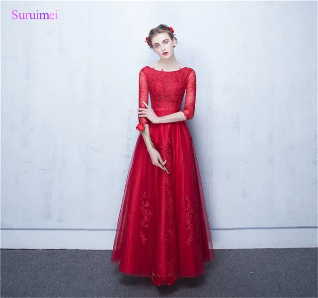 Best Offers Half Sleeves Bridesmaid Dresses Tulle Lace Applique Sash Lace Up Back Sheer Illusion Red Long Wedding Event Dress Brides Maid Best Offers Half Sleeves Bridesmaid Dresses Tulle Lace Applique Sash Lace Up Back Sheer Illusion Red Long Wedding Event Dress Brides Maid