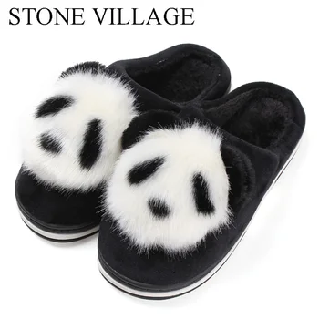 STONE VILLAGE-zapatillas de dibujos animados de Panda para mujer, pantuflas antideslizantes, cálidas, de felpa, para interiores y el hogar 1
