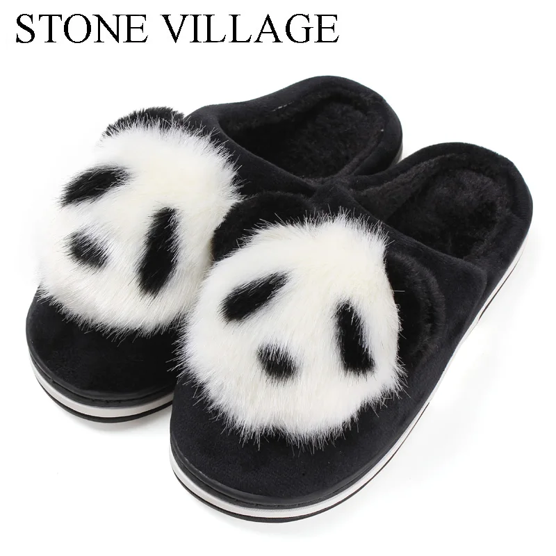 US $9.48 Stone Village Cute Cartoon Animation Panda Women Slippers Ladies NonSlip Slip On Warm Plush Slippers Indoor Home Slippers Shoes