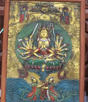 

110CM Tibet Wood Bronze Painting 1000 Arms Avalokiteshvara Goddess Buddha TangKa