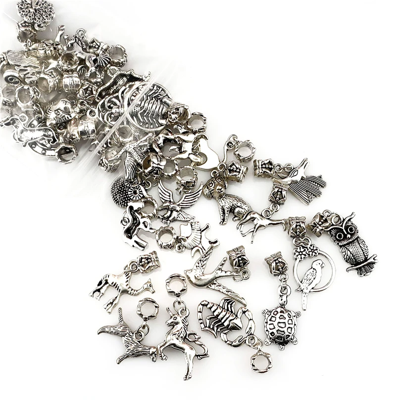 

Mixed 40pcs/lot Antique Silver Plated Animals Chams Beads for European Charms Bracelets Jewelry Making Accessories DIY