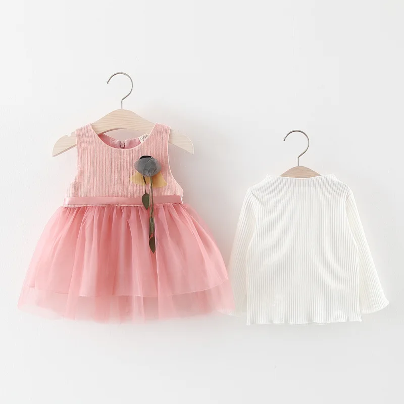 Корейские платья для маленьких девочек вечерние и свадебные розовые платья для новорожденных девочек на день рождения От 0 до 3 лет платье с круглым вырезом и цветочным рисунком для маленьких девочек