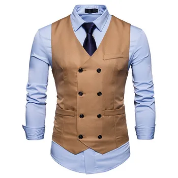 

New Double Breasted Suit Vest Men Gilet Homme Costume 2019 Brand Slim Fit Sleeveless Waistcoat Mens Foramal Weeding Dress Vests