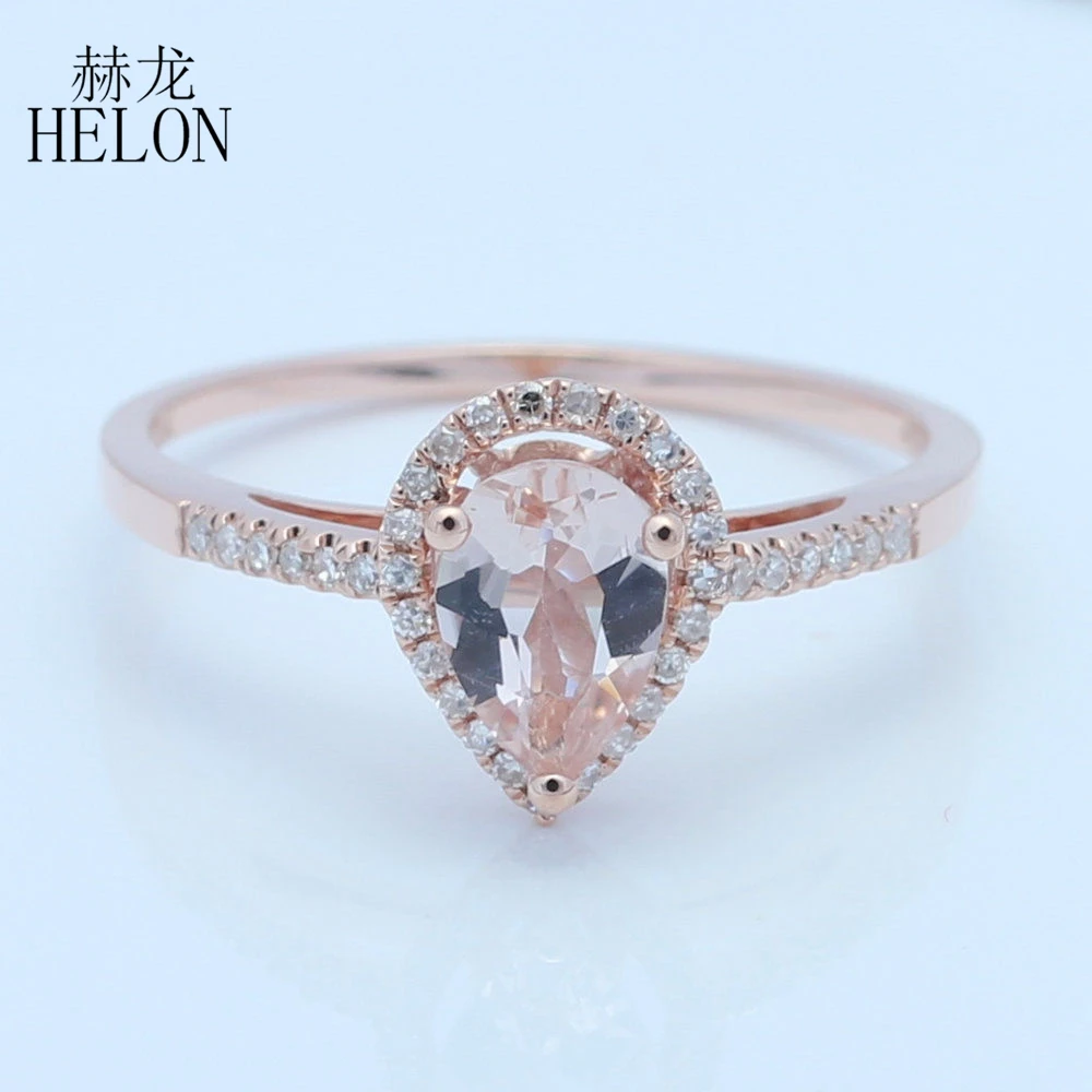 

HELON Certified Pear 0.6ct Morganite Ring Real 14K Rose Gold Natural Diamonds Ring For Women Wedding Trendy Elegant Gift Jewely