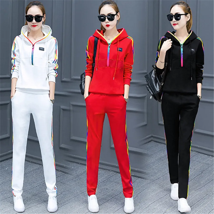 

Meileiya Women Casual Tracksuits Knitted Fashion Zip Long SleeveRainbow Edge Striped Jacket Shirts+Pants Sets