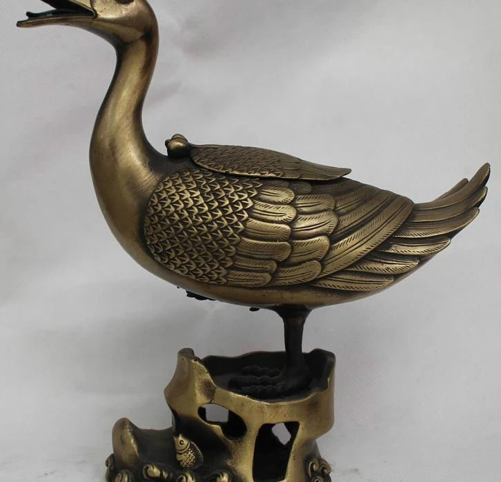 

10"Chinese China Bronze Beautiful swan cyprinoid Statue Incense Burner Censer