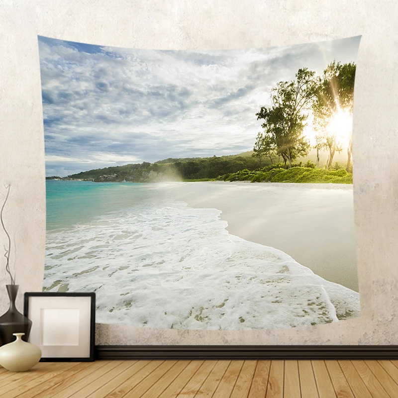 

Beautiful Sea View Sea Waves Letter WELCOME Wall Hanging Tapestry Boat Beach Towel Sunshine Decorate Living Room Office