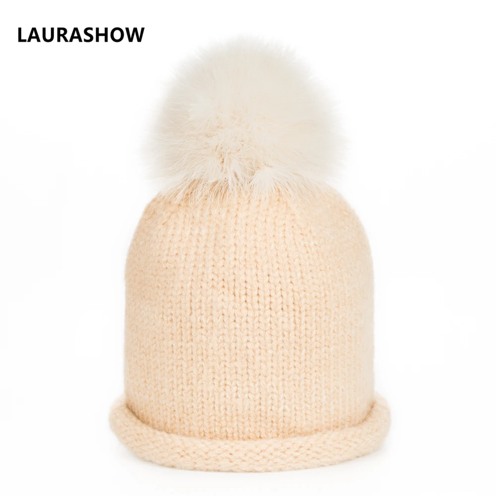 Laurashow шапочки енота Меховые помпоны шерсть вязаная шапка Skullies шапки дамы вязать зима Шапки для девочек