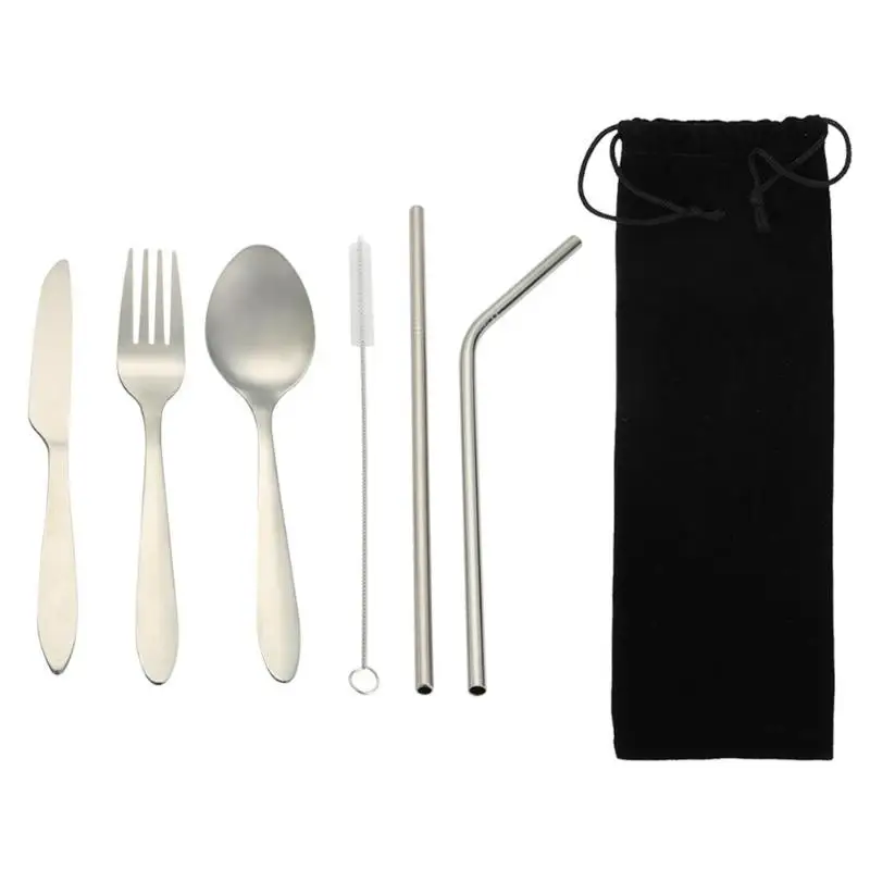Portable Stainless Steel Cutlery Fork Spoon Knife Straw Set Outdoor Travel Camping Kitchen Home Tableware Dinnerware