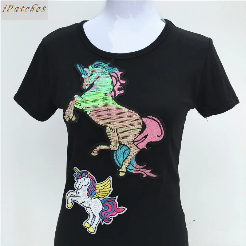 

1Pc Sequins Patch DIY Unicorn Patches For Clothes Bags Garment Accessories Iron-on Embroidered Motif Applique Deal With It