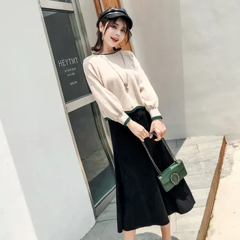 

Womans Apricot Sweater + Black A-line Skirt Sets Spring Autumn Casual Two-Pieces Suits Full Sweater Knit Midi Dress Winter 2018