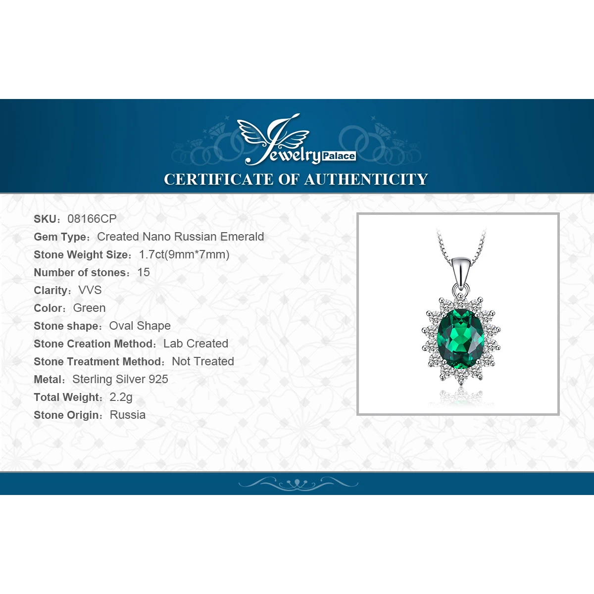 Jewelry Palace Princess Diana Simulated Green Emerald 925 Sterling Silver Kate Middleton Crown Pendant Necklace Women No Chain