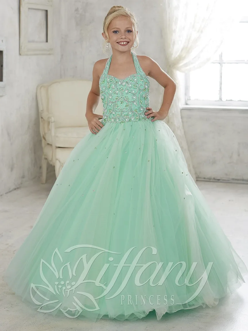 Floor Length Grils Pageant Dresses Halter Light Green Ball