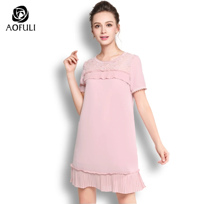 

AOFULI Women Plus Size Pink Dress Ruffles Patchwork Short Dress Floral Lace Straight Dress For Summer L- XXXL 4XL 5XL A3610