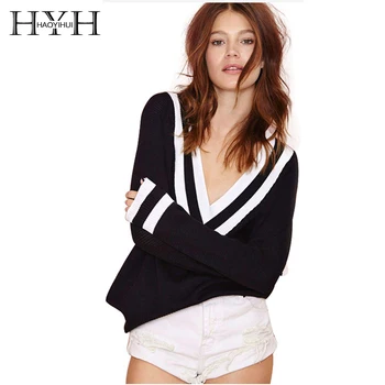 

HAOYIHUI HYH 2017 Women Sweaters And Pullovers Long Sleeve Striped Sexy V-Neck Women Autumn Winter Casual Knitted Sweater