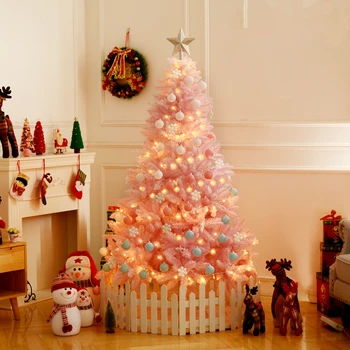

2019 Christmas Led Artificial Tree Snow Flocking Pink Fake Tree Ornaments New Year Decorations For Home Holiday Navidad Decor