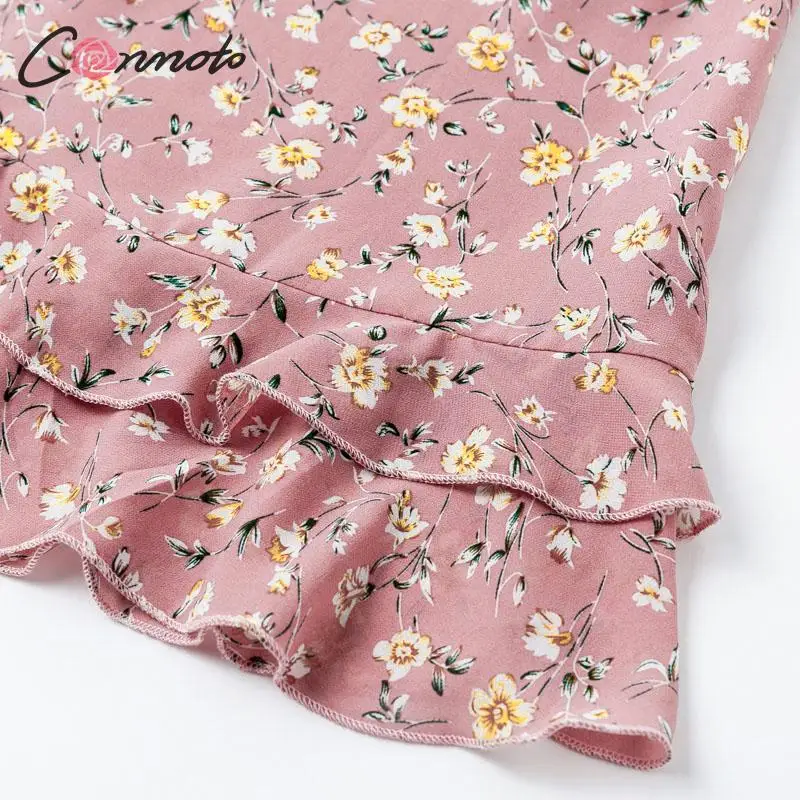 Conmoto милое винтажное шифоновое короткое платье с цветочным принтом для женщин летнее модное тонкое платье с рюшами для женщин шикарное праздничное платье Vestidos