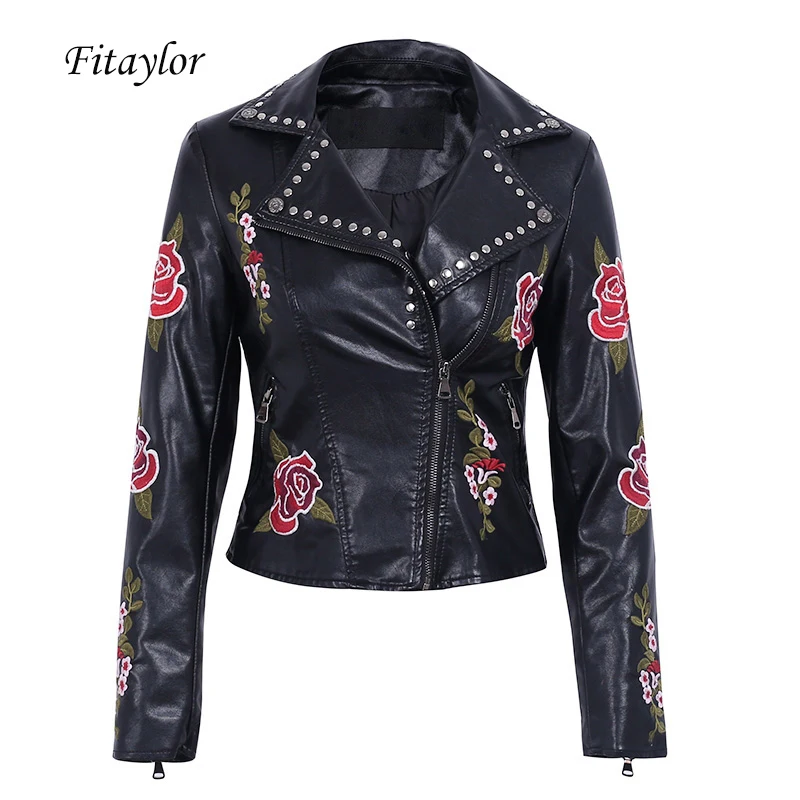 

Fitaylor Pu Leather Rivet Embroidery Jacket Women Short Coat Faux Soft Leather Black Punk Female Slim Turn-down Collar Outerwear