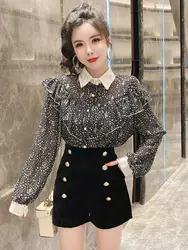 2019 Новая модная женская блузка рубашка Весна с оборками с длинными рукавами с принтом шифоновая рубашка женская