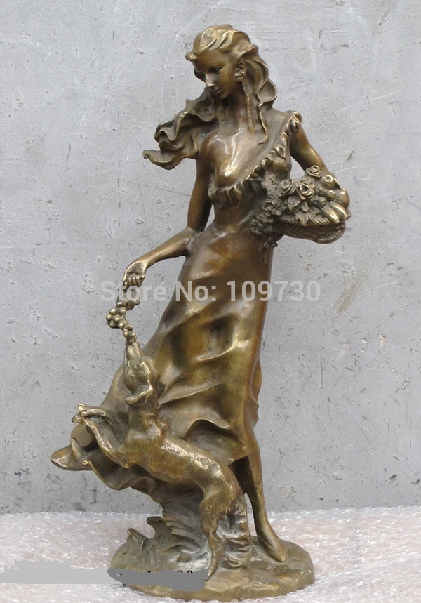 

001969 17.5"DECO ART Bronze Fascinating belle Float skirt Flower beauty and dog statue