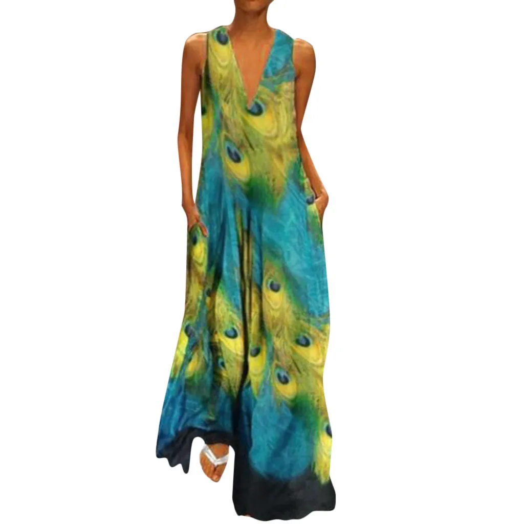 

Women Summer Long Dress Sexy Sleeveless Peacock feather Print Boho Dress Elegant Party Dress Casual Loose Tank Sundress vestidos