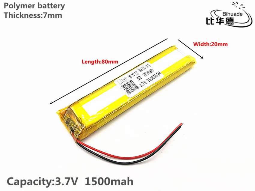 

1pcs/lot Good Qulity 3.7V,1500mAH,702080 Polymer lithium ion / Li-ion battery for TOY,POWER BANK,GPS,mp3,mp4