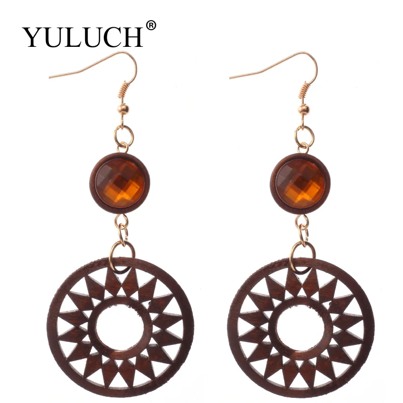 

YULUCH Wheel Gear Drop Wood earrings Trendy Women BLACK/BROWN Jewelry Hollow Design New Earrings For Women